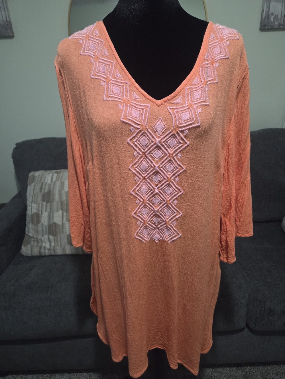 Women's Embroidered V-Neck Tunic Top - Coral